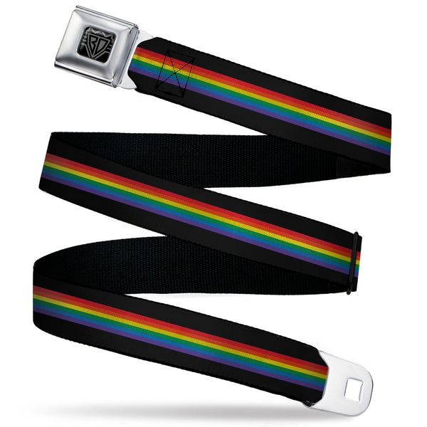 Buckle-Down BD Wings Logo CLOSE-UP Black/Silver Seatbelt Belt - Stripe Black/Rainbow Webbing