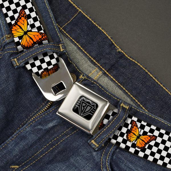 Buckle-Down BD Wings Logo CLOSE-UP Black/Silver Seatbelt Belt - Monarch Butterfly Scattered Checker Black/White Webbing