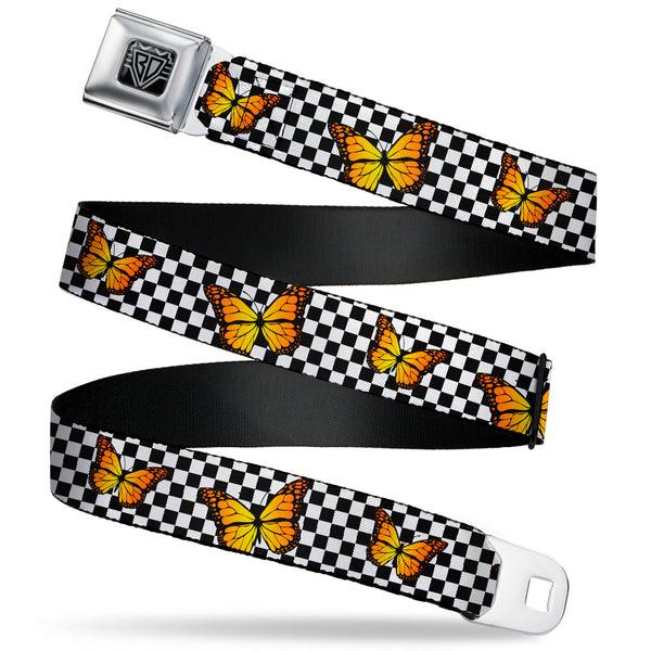 Buckle-Down BD Wings Logo CLOSE-UP Black/Silver Seatbelt Belt - Monarch Butterfly Scattered Checker Black/White Webbing
