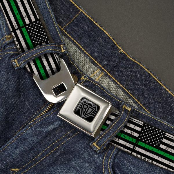 Buckle-Down BD Wings Logo CLOSE-UP Black/Silver Seatbelt Belt - Thin Green Line Flag Weathered Black/Gray/Green Webbing