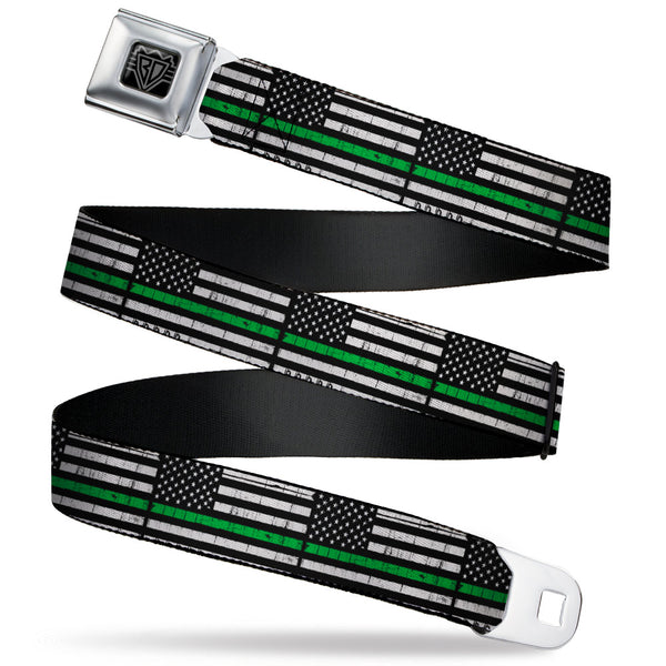 Buckle-Down BD Wings Logo CLOSE-UP Black/Silver Seatbelt Belt - Thin Green Line Flag Weathered Black/Gray/Green Webbing