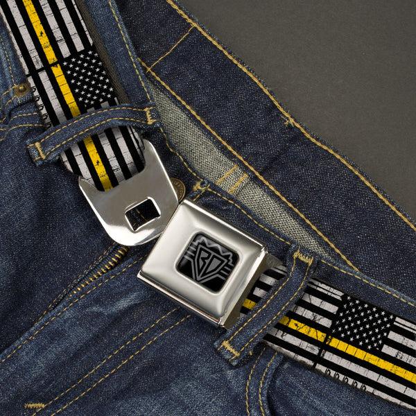 Buckle-Down BD Wings Logo CLOSE-UP Black/Silver Seatbelt Belt - Thin Yellow Line Flag Weathered Black/Gray/Yellow Webbing