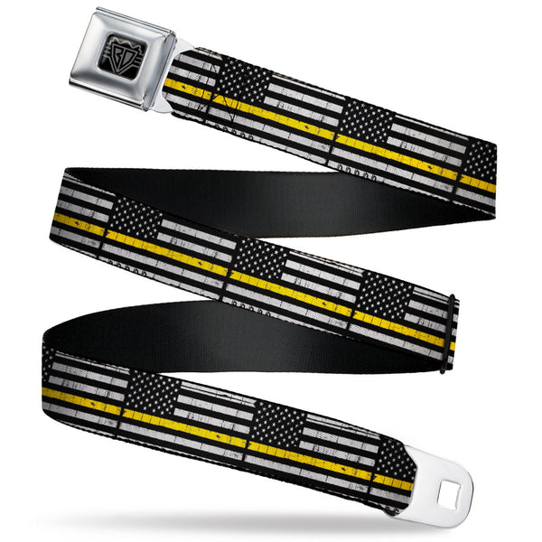 Buckle-Down BD Wings Logo CLOSE-UP Black/Silver Seatbelt Belt - Thin Yellow Line Flag Weathered Black/Gray/Yellow Webbing