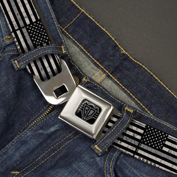 Buckle-Down BD Wings Logo CLOSE-UP Black/Silver Seatbelt Belt - Thin Gray Line Flag Weathered Black/Grays Webbing