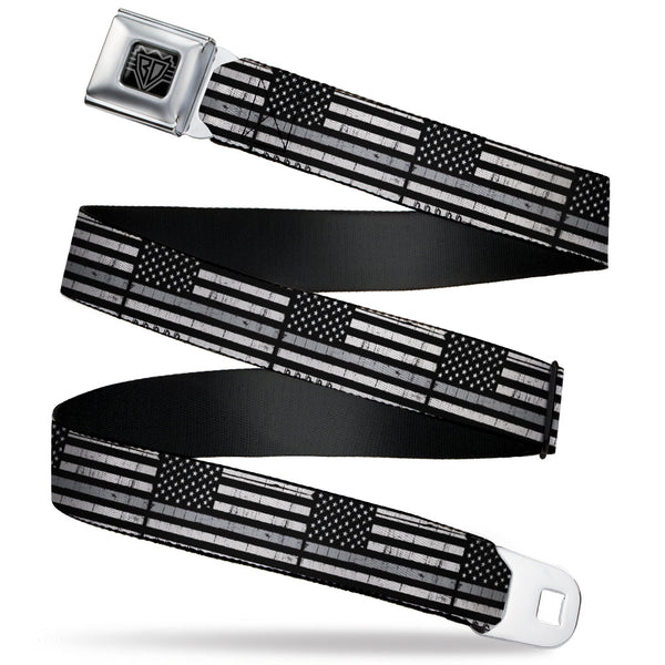 Buckle-Down BD Wings Logo CLOSE-UP Black/Silver Seatbelt Belt - Thin Gray Line Flag Weathered Black/Grays Webbing