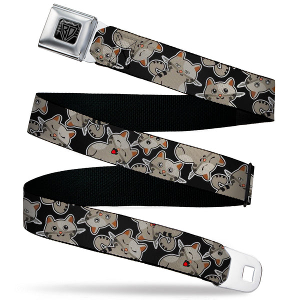 Buckle-Down BD Wings Logo CLOSE-UP Black/Silver Seatbelt Belt - Cat Poses Scattered Black/Grays Webbing