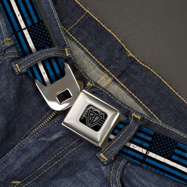 Buckle-Down BD Wings Logo CLOSE-UP Black/Silver Seatbelt Belt - Thin White Line Flag Weathered Black/Blue/White Webbing