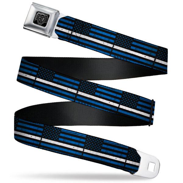 Buckle-Down BD Wings Logo CLOSE-UP Black/Silver Seatbelt Belt - Thin White Line Flag Weathered Black/Blue/White Webbing