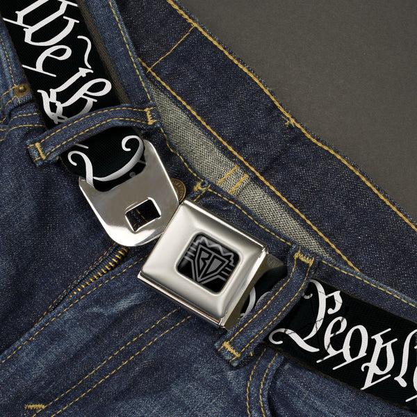 Buckle-Down BD Wings Logo CLOSE-UP Black/Silver Seatbelt Belt - Americana Flag/WE THE PEOPLE Black/White Webbing