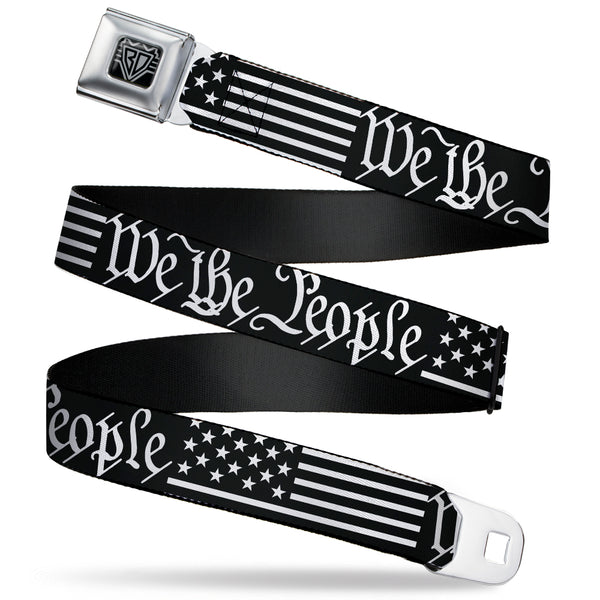 Buckle-Down BD Wings Logo CLOSE-UP Black/Silver Seatbelt Belt - Americana Flag/WE THE PEOPLE Black/White Webbing