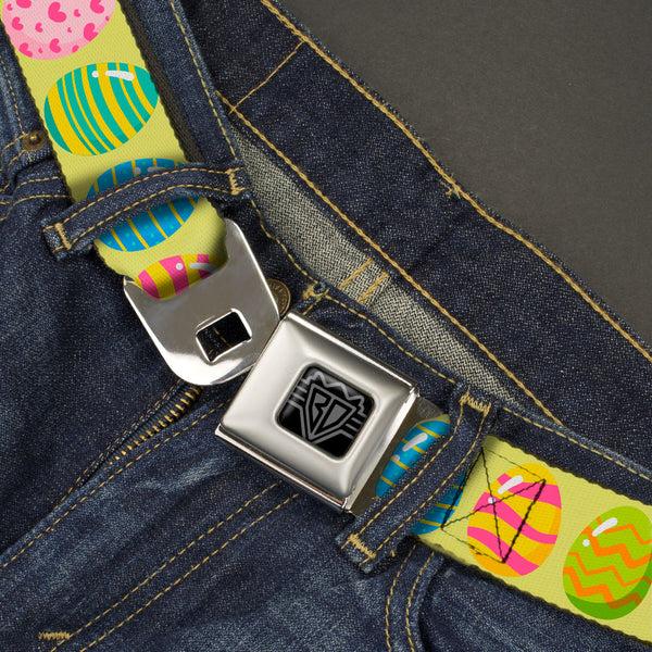 Buckle-Down BD Wings Logo CLOSE-UP Black/Silver Seatbelt Belt - Easter Eggs Decorated Eggs Yellow/Multi Color Webbing
