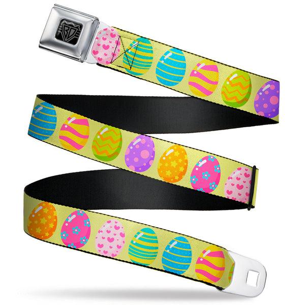 Buckle-Down BD Wings Logo CLOSE-UP Black/Silver Seatbelt Belt - Easter Eggs Decorated Eggs Yellow/Multi Color Webbing