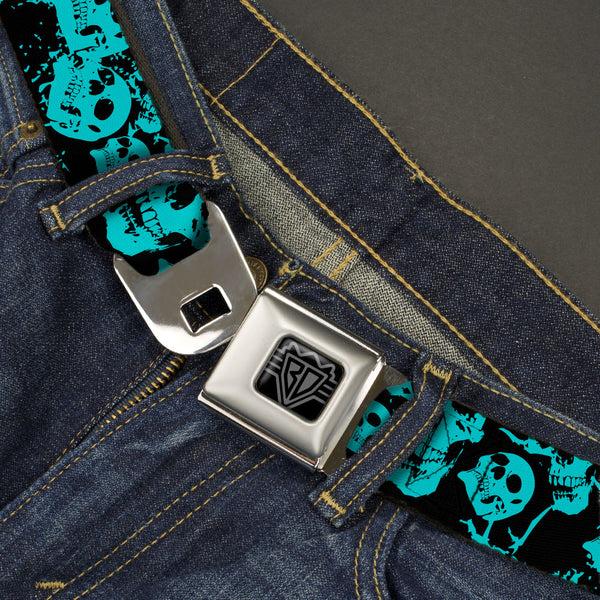 Buckle-Down BD Wings Logo CLOSE-UP Black/Silver Seatbelt Belt - Skulls Stacked Weathered Black/Teal Webbing