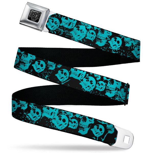 Buckle-Down BD Wings Logo CLOSE-UP Black/Silver Seatbelt Belt - Skulls Stacked Weathered Black/Teal Webbing