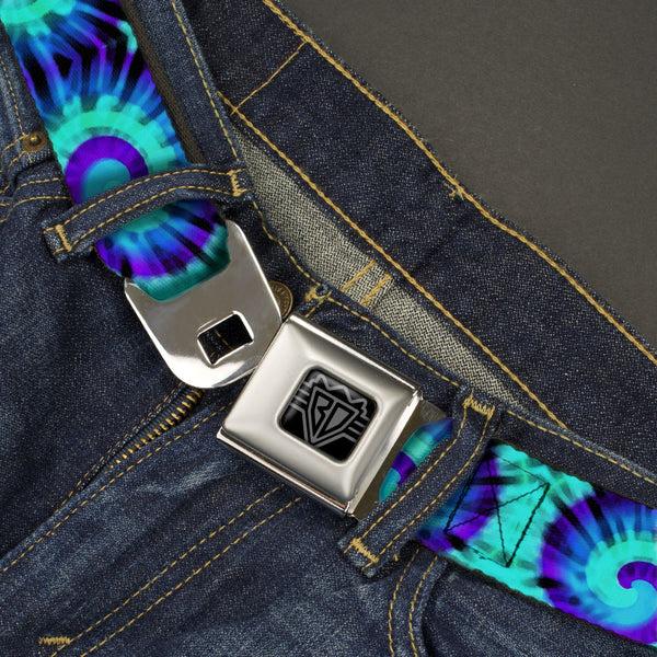Buckle-Down BD Wings Logo CLOSE-UP Black/Silver Seatbelt Belt - Tie Dye Swirl Purples/Blues Webbing