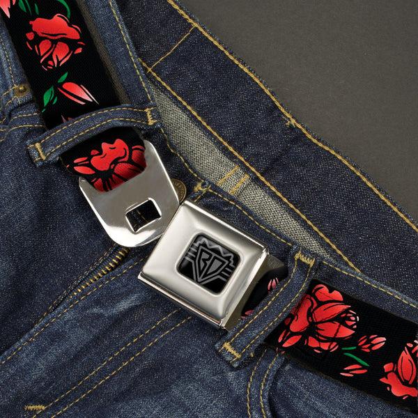 Buckle-Down BD Wings Logo CLOSE-UP Black/Silver Seatbelt Belt - Red Rose Chain Black Webbing