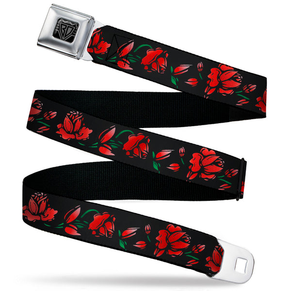 Buckle-Down BD Wings Logo CLOSE-UP Black/Silver Seatbelt Belt - Red Rose Chain Black Webbing