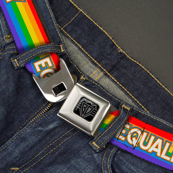 Buckle-Down BD Wings Logo CLOSE-UP Black/Silver Seatbelt Belt - EQUALITY/Stripe Rainbow/White Webbing