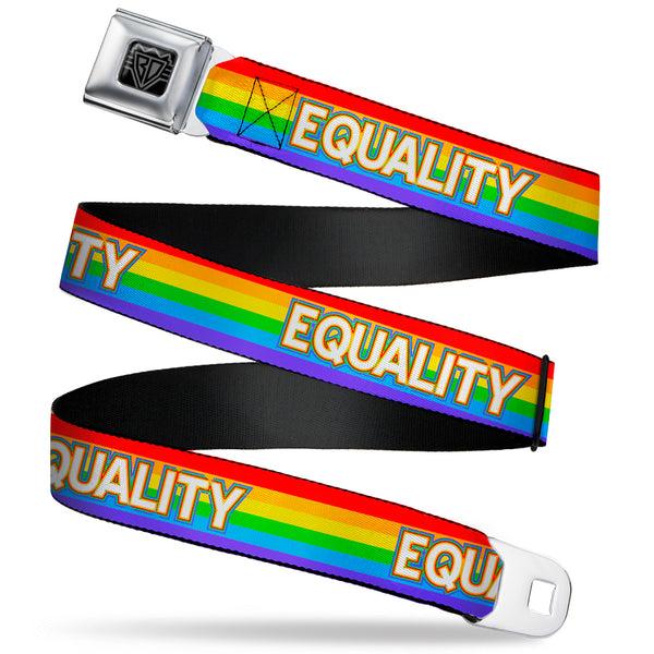 Buckle-Down BD Wings Logo CLOSE-UP Black/Silver Seatbelt Belt - EQUALITY/Stripe Rainbow/White Webbing