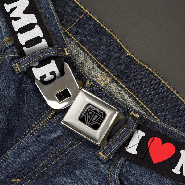 Buckle-Down BD Wings Logo CLOSE-UP Black/Silver Seatbelt Belt - I "HEART" MILFS Black/White/Red Webbing