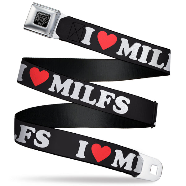 Buckle-Down BD Wings Logo CLOSE-UP Black/Silver Seatbelt Belt - I "HEART" MILFS Black/White/Red Webbing