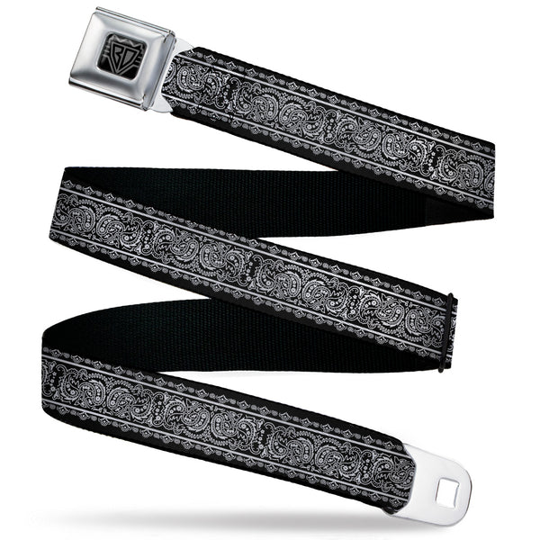 Buckle-Down BD Wings Logo CLOSE-UP Black/Silver Seatbelt Belt - Paisley4 w/Border Black/White Webbing