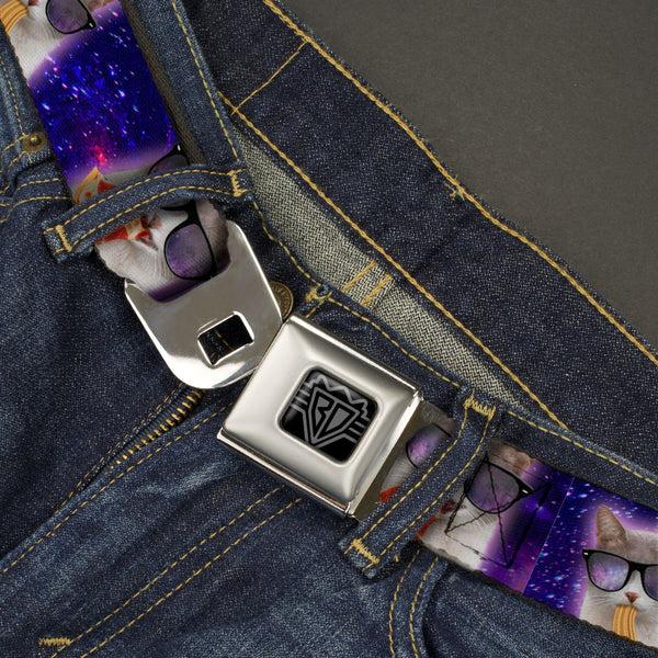 Buckle-Down BD Wings Logo CLOSE-UP Black/Silver Seatbelt Belt - Hungry Cat In Space Purples Webbing