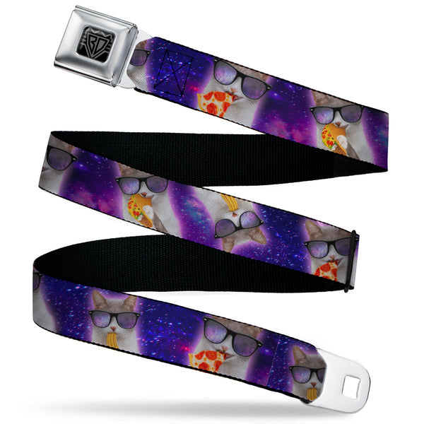 Buckle-Down BD Wings Logo CLOSE-UP Black/Silver Seatbelt Belt - Hungry Cat in Space Purples Webbing