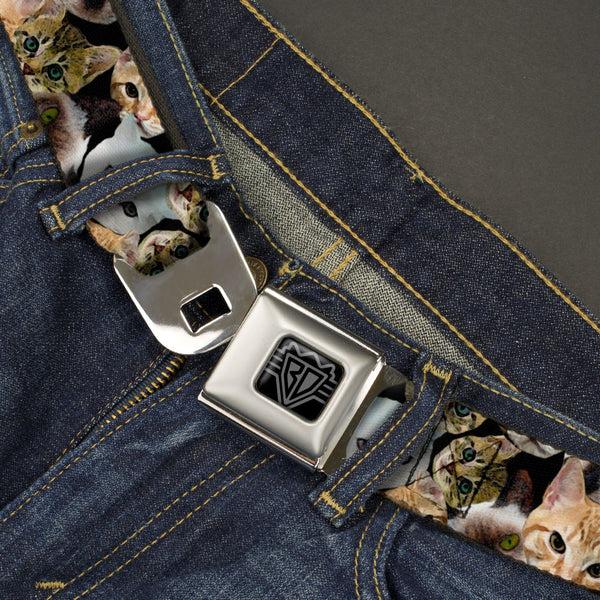 Buckle-Down BD Wings Logo CLOSE-UP Black/Silver Seatbelt Belt - Cat Faces Stacked2 Webbing