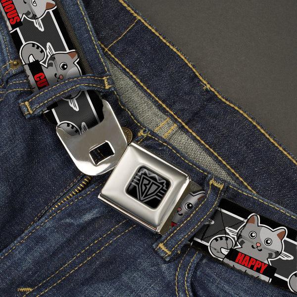 Buckle-Down BD Wings Logo CLOSE-UP Black/Silver Seatbelt Belt - Cat 6-Mood Poses/Stripe Black/White/Grays Webbing