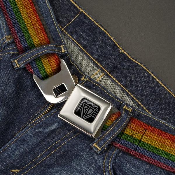 Buckle-Down BD Wings Logo CLOSE-UP Black/Silver Seatbelt Belt - Burlap Texture Rainbow Webbing