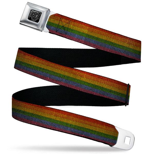 Buckle-Down BD Wings Logo CLOSE-UP Black/Silver Seatbelt Belt - Burlap Texture Rainbow Webbing