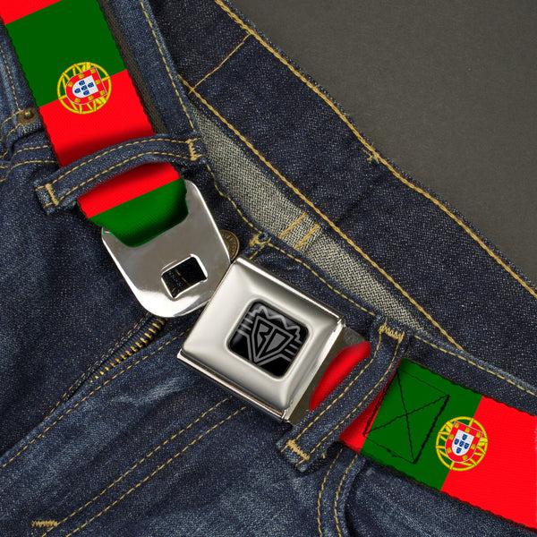 Buckle-Down BD Wings Logo CLOSE-UP Black/Silver Seatbelt Belt - Portugal Flag Green/Red Webbing