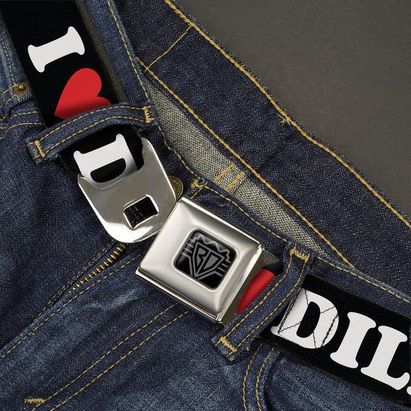 Buckle-Down BD Wings Logo CLOSE-UP Black/Silver Seatbelt Belt - I "HEART" DILFS Black/White/Red Webbing