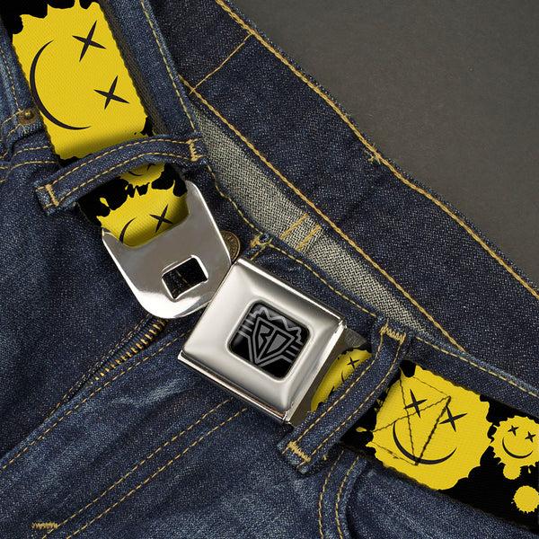 Buckle-Down BD Wings Logo CLOSE-UP Black/Silver Seatbelt Belt - Smiley Face Splatter Scattered Black/Yellow Webbing