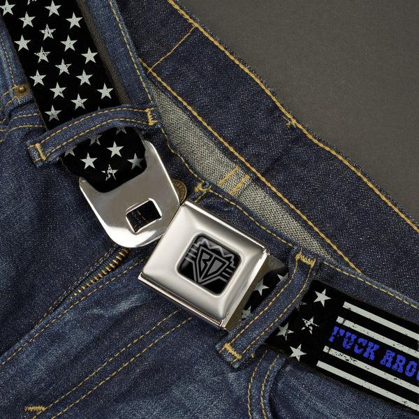 Buckle-Down BD Wings Logo CLOSE-UP Black/Silver Seatbelt Belt - FAFO FUCK AROUND AND FIND OUT Thin Blue Line Flag Webbing