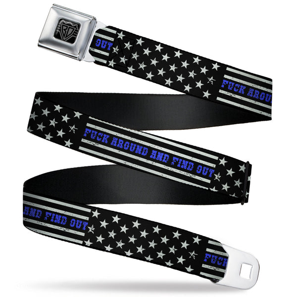 Buckle-Down BD Wings Logo CLOSE-UP Black/Silver Seatbelt Belt - FAFO FUCK AROUND AND FIND OUT Thin Blue Line Flag Webbing
