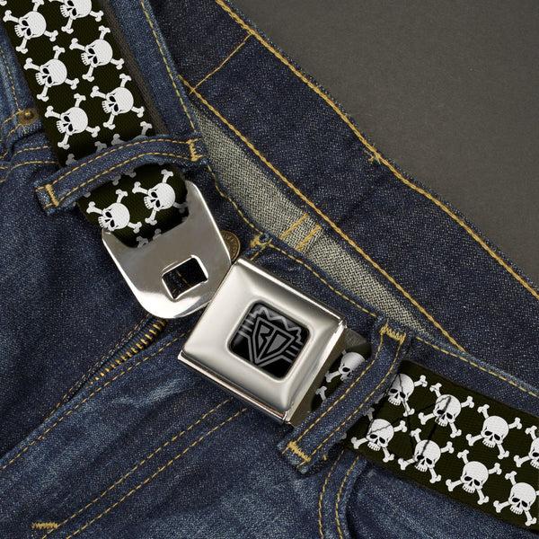 Buckle-Down BD Wings Logo CLOSE-UP Black/Silver Seatbelt Belt - Top Skulls Stacked Black/White Webbing
