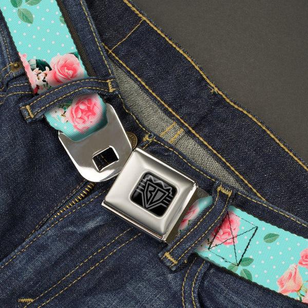 Buckle-Down BD Wings Logo CLOSE-UP Black/Silver Seatbelt Belt - Roses & Leaves Scattered/Polka Dot Aqua/White Webbing