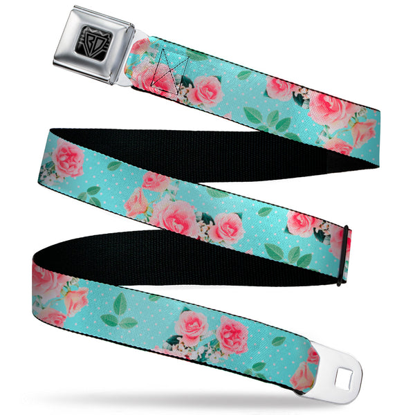 Buckle-Down BD Wings Logo CLOSE-UP Black/Silver Seatbelt Belt - Roses & Leaves Scattered/Polka Dot Aqua/White Webbing