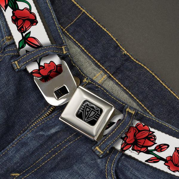 Buckle-Down BD Wings Logo CLOSE-UP Black/Silver Seatbelt Belt - Red Rose Chain White Webbing