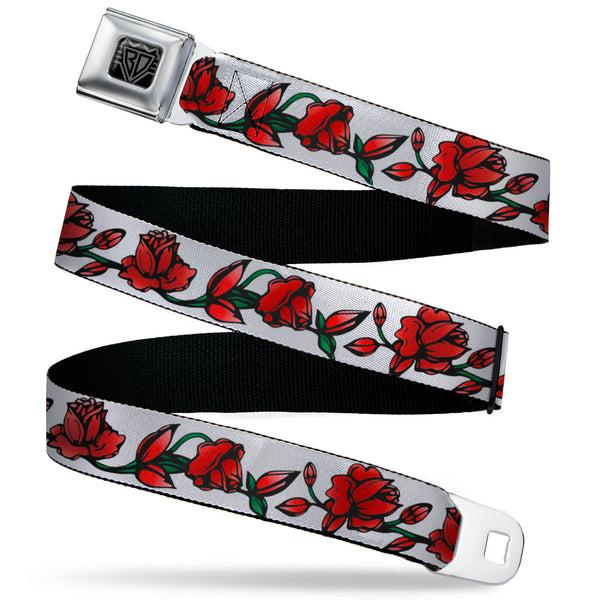 Buckle-Down BD Wings Logo CLOSE-UP Black/Silver Seatbelt Belt - Red Rose Chain White Webbing