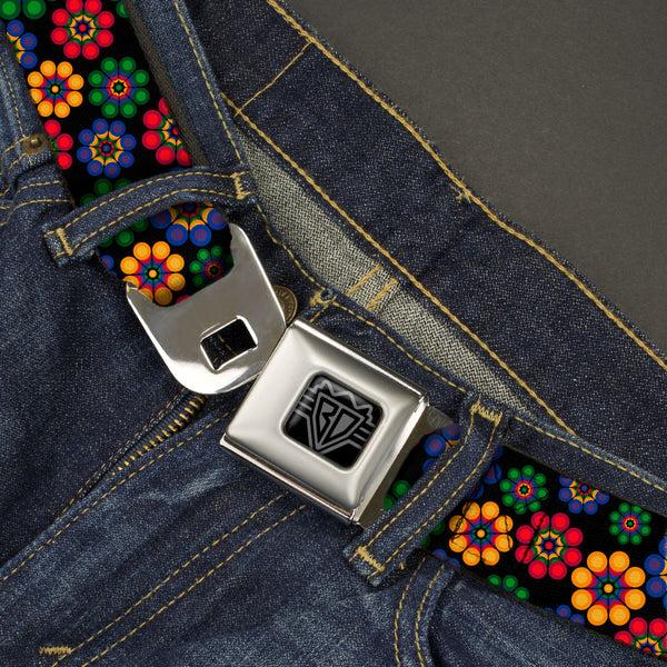 Buckle-Down BD Wings Logo CLOSE-UP Black/Silver Seatbelt Belt - Psychedelic Daisies Black/Multi Color Webbing