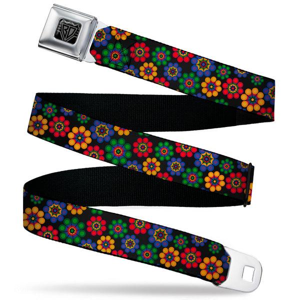Buckle-Down BD Wings Logo CLOSE-UP Black/Silver Seatbelt Belt - Psychedelic Daisies Black/Multi Color Webbing
