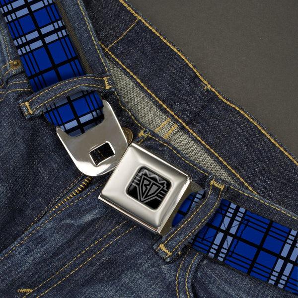 Buckle-Down BD Wings Logo CLOSE-UP Black/Silver Seatbelt Belt - Plaid Blue/Gray/Black Webbing