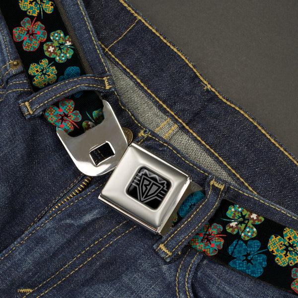 Buckle-Down BD Wings Logo CLOSE-UP Black/Silver Seatbelt Belt - Pixilated Hibiscus Flowers Black/Multi Color Webbing