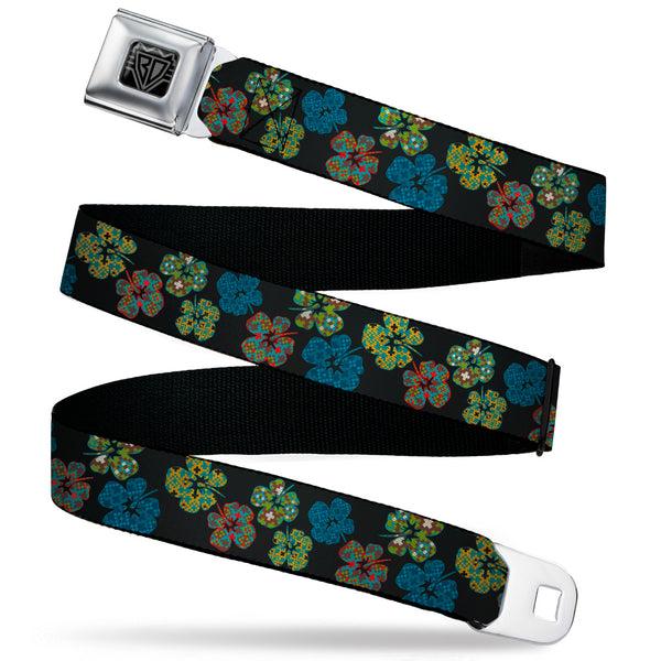 Buckle-Down BD Wings Logo CLOSE-UP Black/Silver Seatbelt Belt - Pixilated Hibiscus Flowers Black/Multi Color Webbing