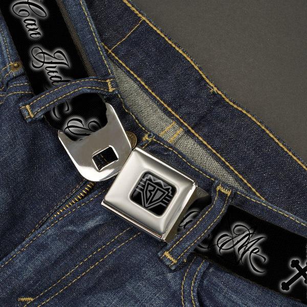 Buckle-Down BD Wings Logo CLOSE-UP Black/Silver Seatbelt Belt - ONLY GOD CAN JUDGE ME Script/Rosary Black/Grays/White Webbing
