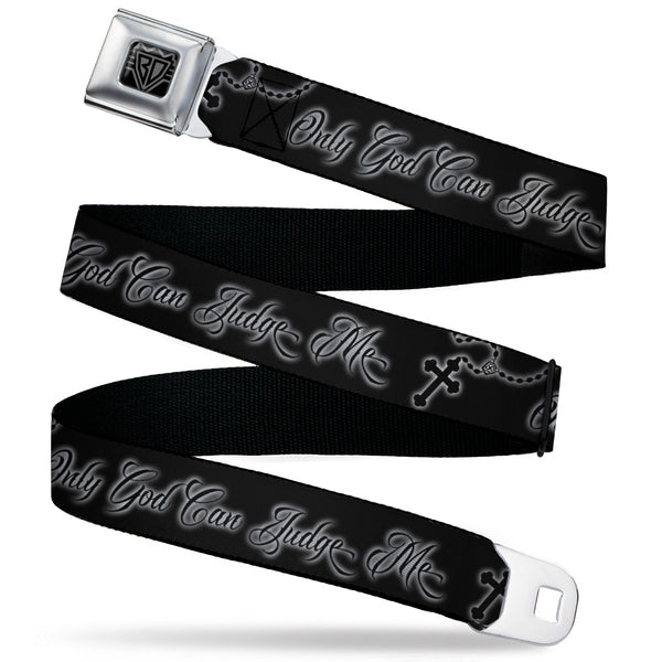 Buckle-Down BD Wings Logo CLOSE-UP Black/Silver Seatbelt Belt - ONLY GOD CAN JUDGE ME Script/Rosary Black/Grays/White Webbing