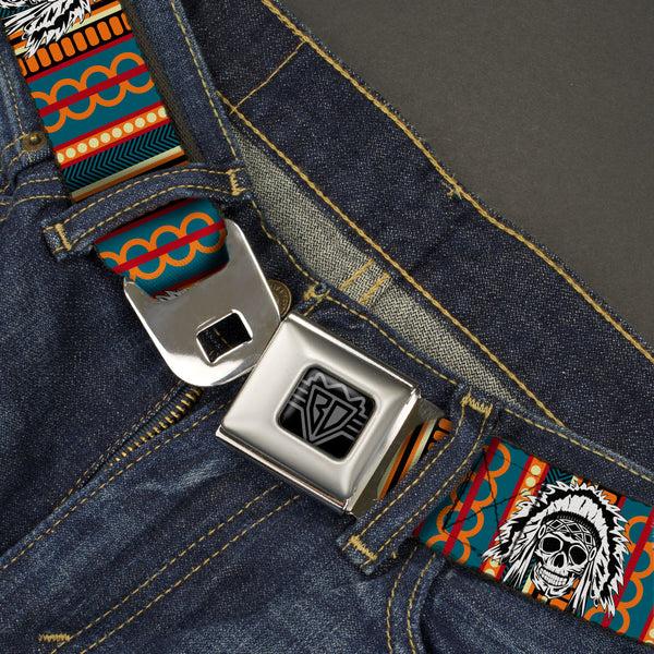 Buckle-Down BD Wings Logo CLOSE-UP Black/Silver Seatbelt Belt - Native American Skull/Tapestry Multi Color/White/Black Webbing